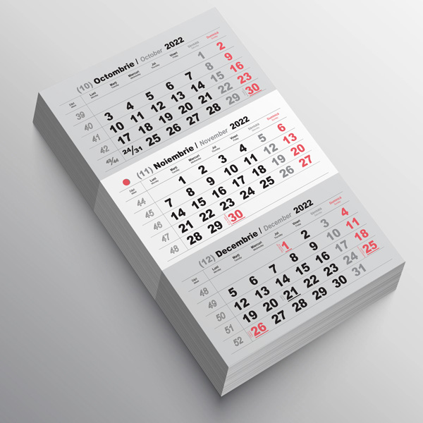 Filă calendar triptic (gri+roşu)